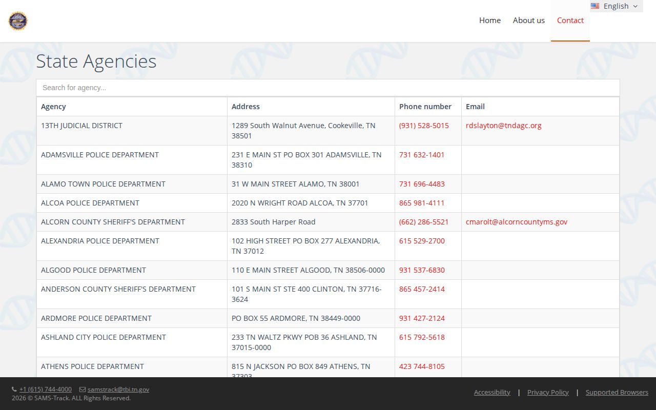 TBI SAMSTrack contact directory listing Sneedville Police Department
