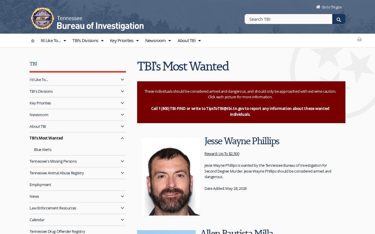 Hancock County wanted-record reference showing the Tennessee TBI Most Wanted page