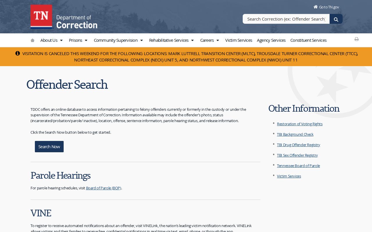 Tennessee Department of Correction FOIL information page for state felony offender records